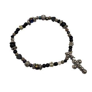 Religious Cross Charm Black Silver Tone Handmade Beaded Bracelet Unisex Jewelry
